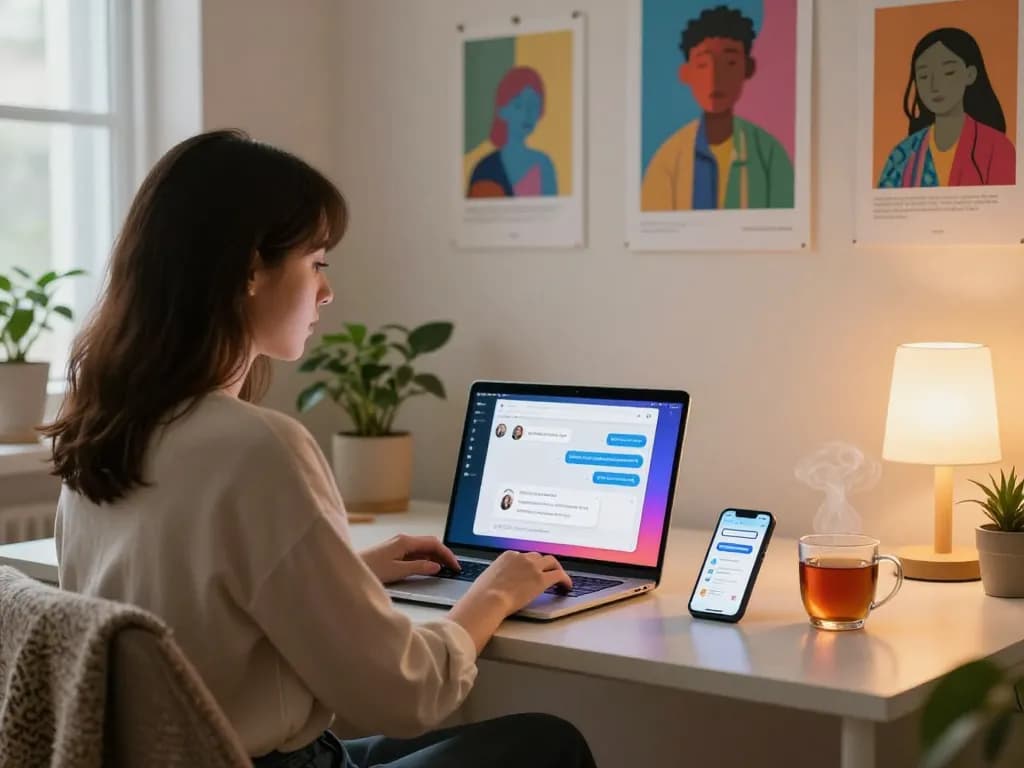 Young woman interacting with an AI slut interface in a cozy home office, showcasing modern tech.