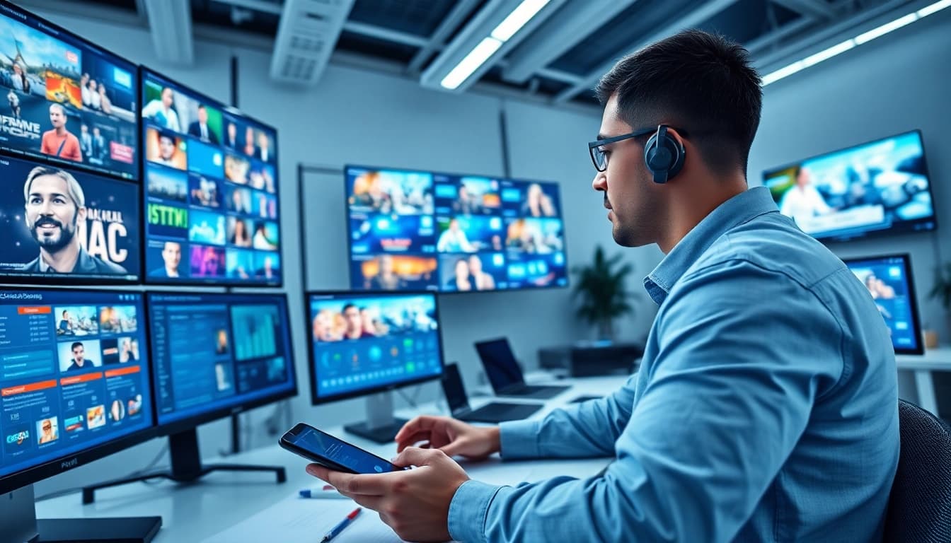 IPTV reseller managing subscriptions with a sleek interface in an office environment.
