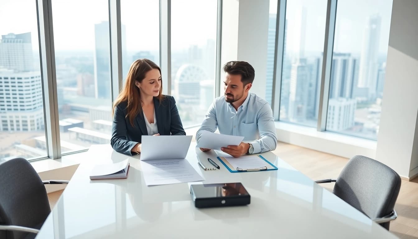 Couple reviewing Family Law Financial Agreements in a bright office setting.