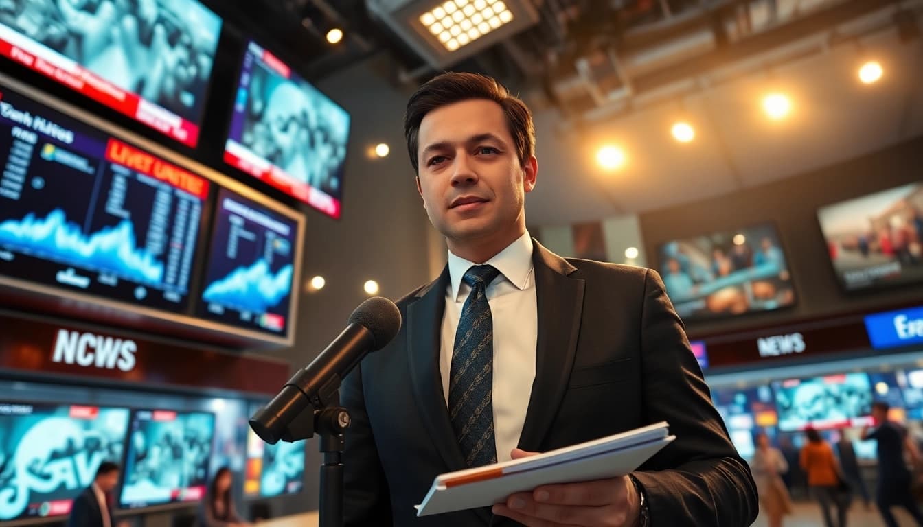 Engaging news reporter discussing breaking news in a vibrant news studio.