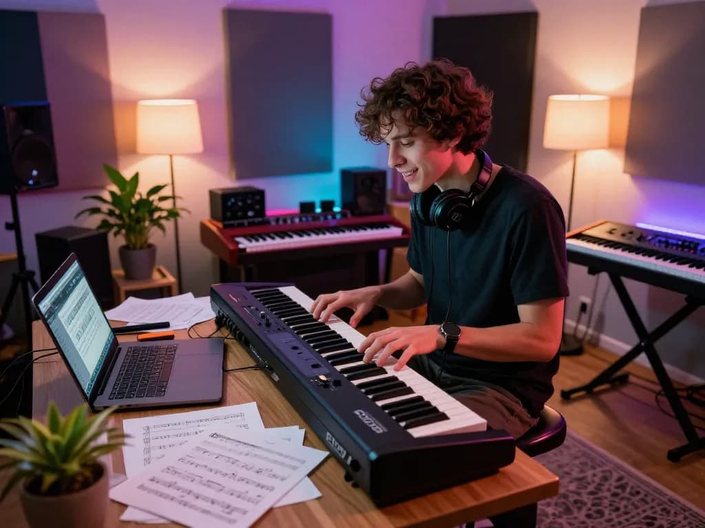 Musician joyfully playing go 88 keyboard in a vibrant music studio.