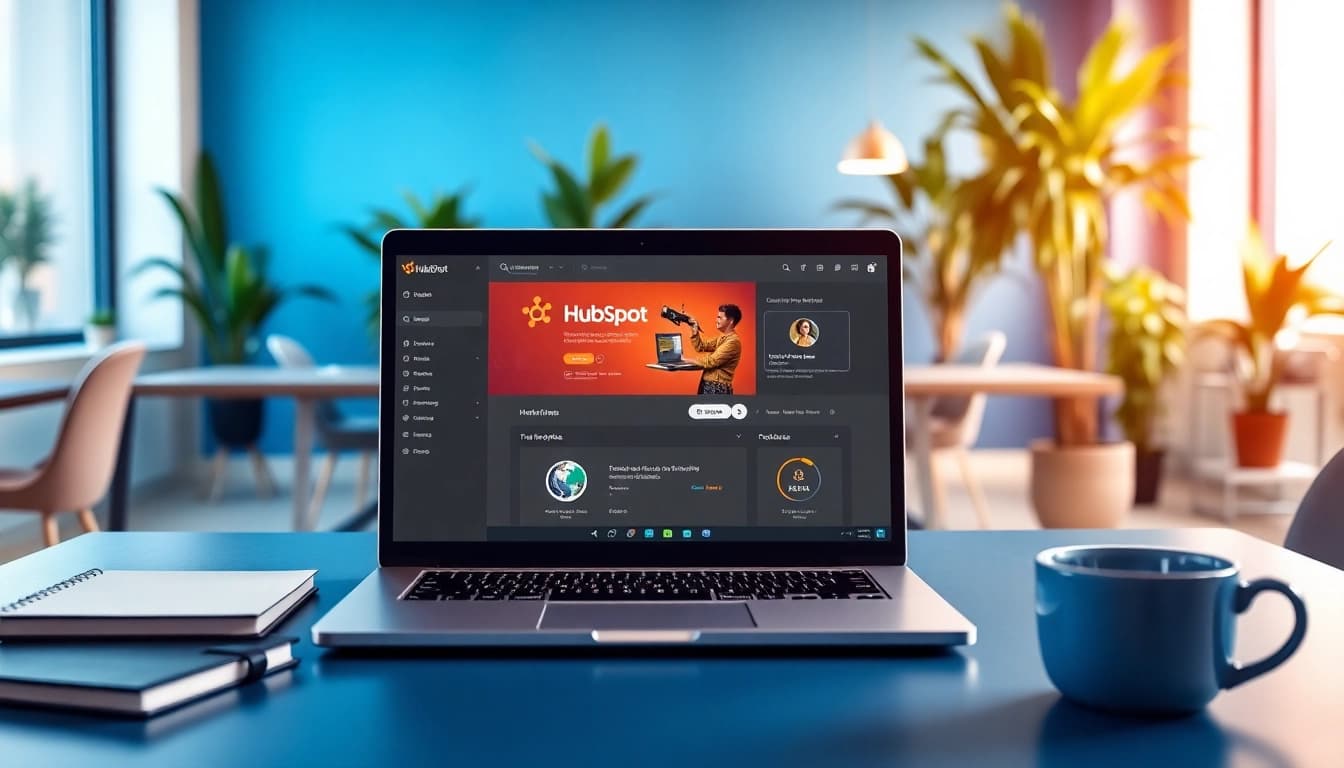 Showcase of hubspot free dashboard on a laptop in a vibrant office workspace