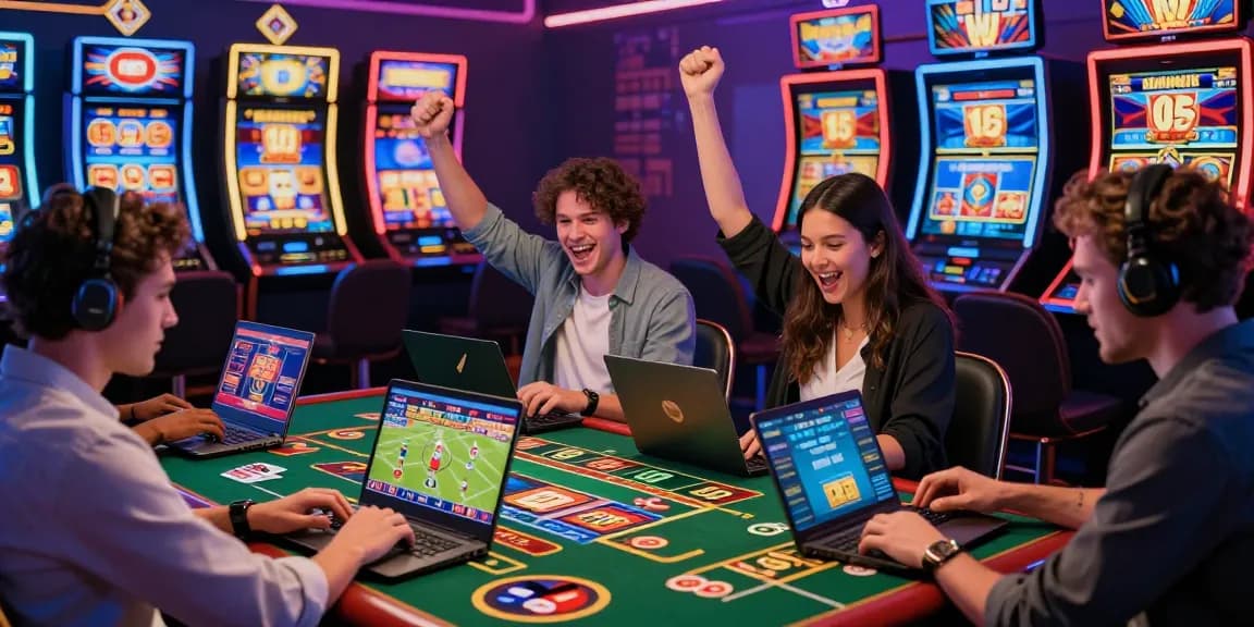 Players enjoying diverse games at equipproject.eu online casino, celebrating wins with vibrant casino backdrop.