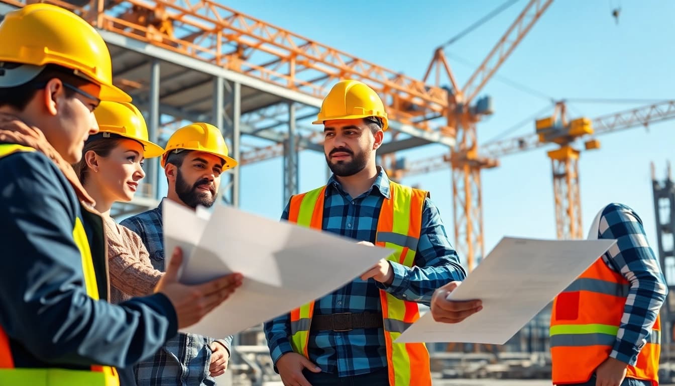 Team of professionals at a construction association collaborating on a building project.