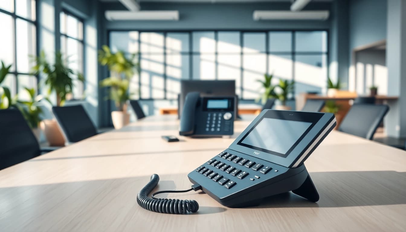 Showcasing a sleek VoIP phone in a modern office, embodying small business phone service efficiency.