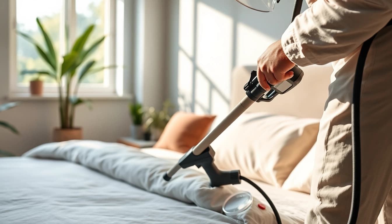 Expert in bed bug removal applying treatment in a cozy bedroom.