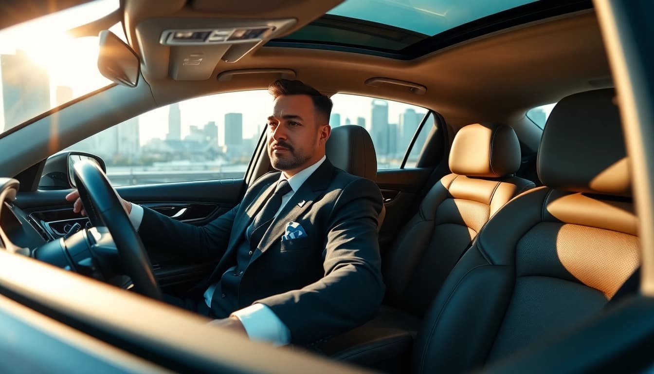 Offer Chauffeur Hire Nottingham with an elegant driver in a luxury car against the city skyline.