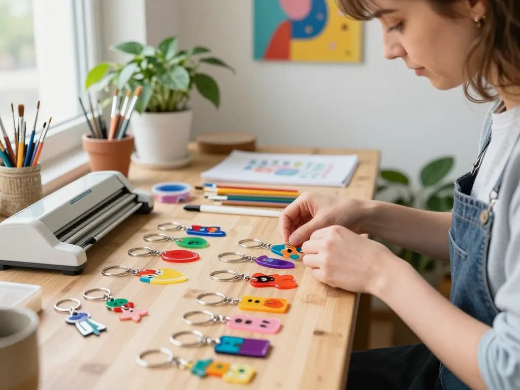 Artist creating acrylic keychain custom designs in a vibrant studio