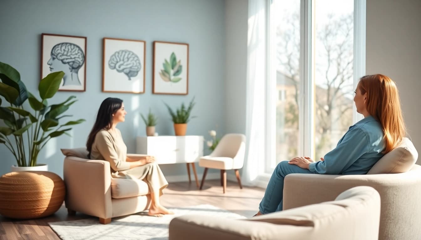Engaging therapy session for psychiatric treatment in India, showcasing empathy and a tranquil environment.