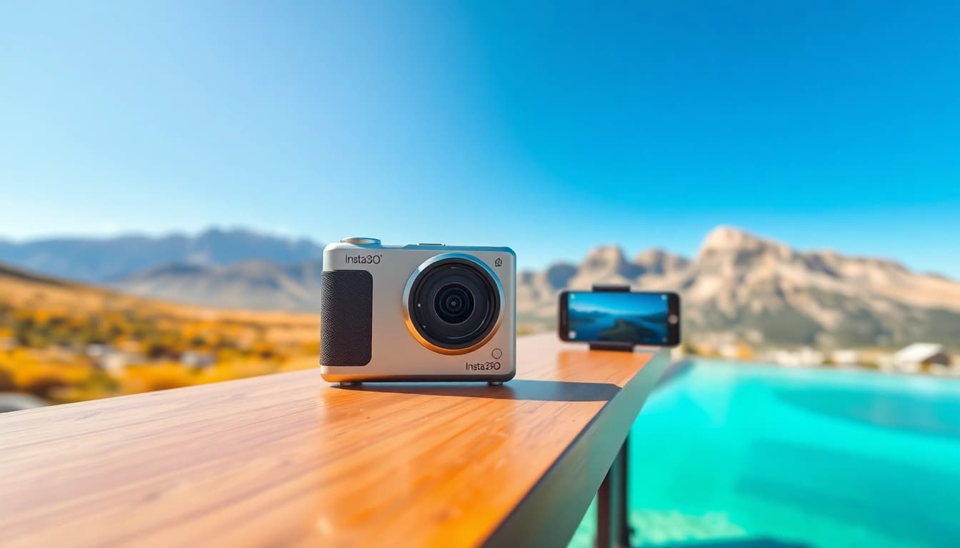 Insta360 X5 camera showcasing sleek design and vibrant outdoor scenery.