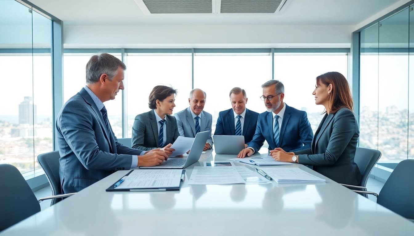 Engaged discussion about Federal and State contracts in a modern conference room.