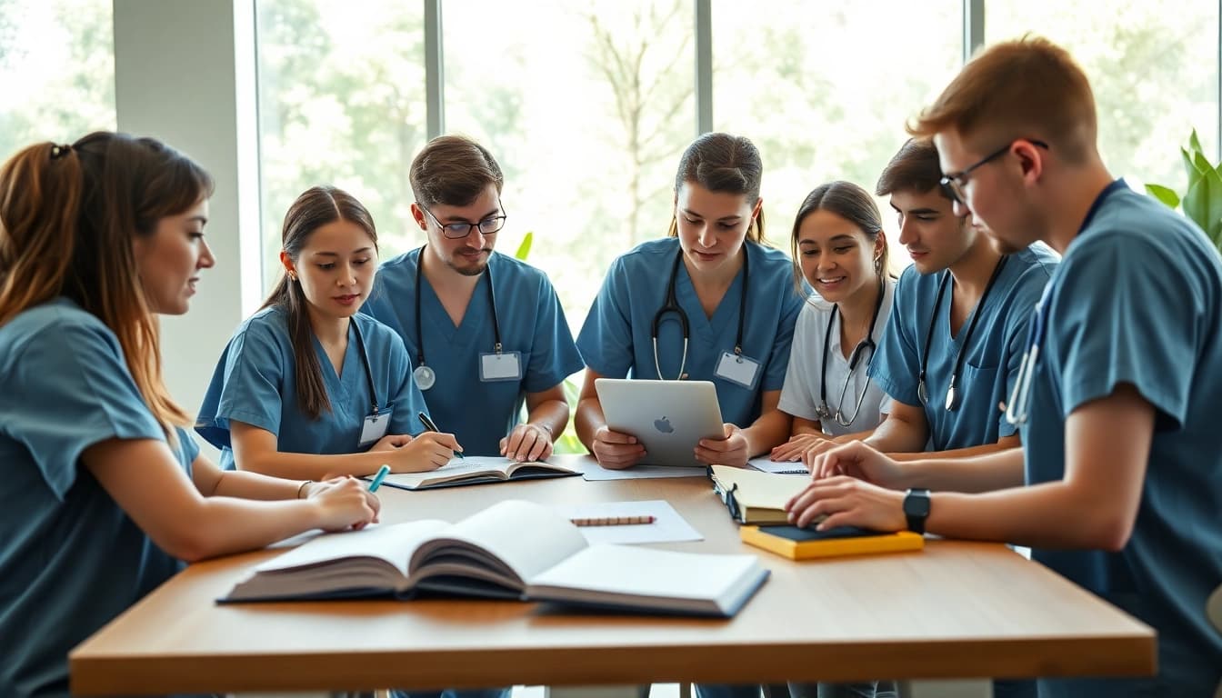 Nursing paper writing service teamwork depicted with students studying and collaborating.
