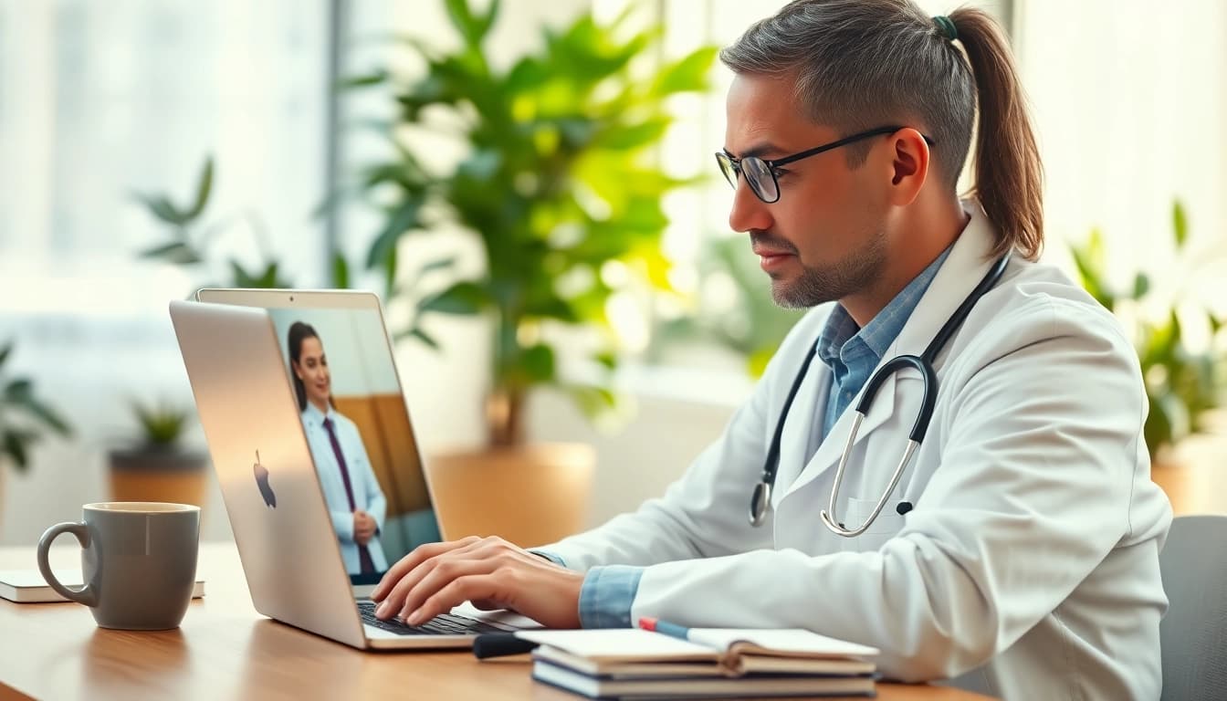 Engaging fast telehealth consultation online with a professional doctor using laptop in bright office.