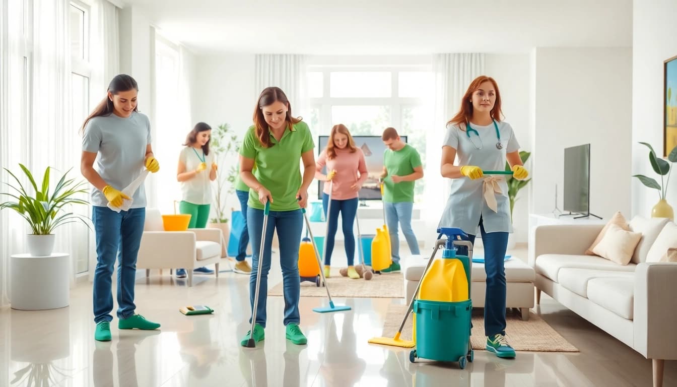 Professional cleaning team showcasing cleaning services near me in a modern, bright home.