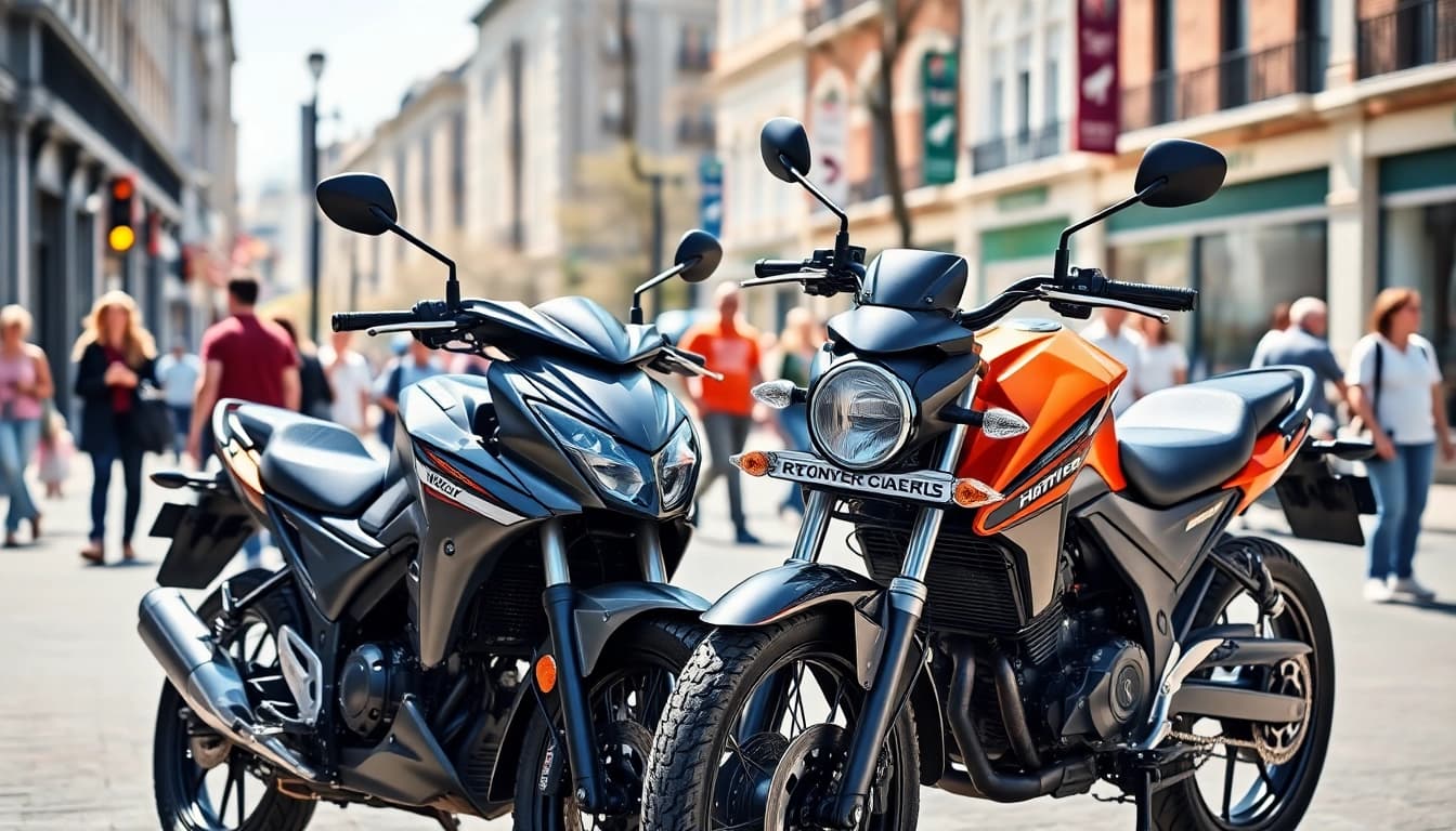 Showcasing 125cc and 250cc beginner motorcycles against a lively urban backdrop, promoting novice riding.