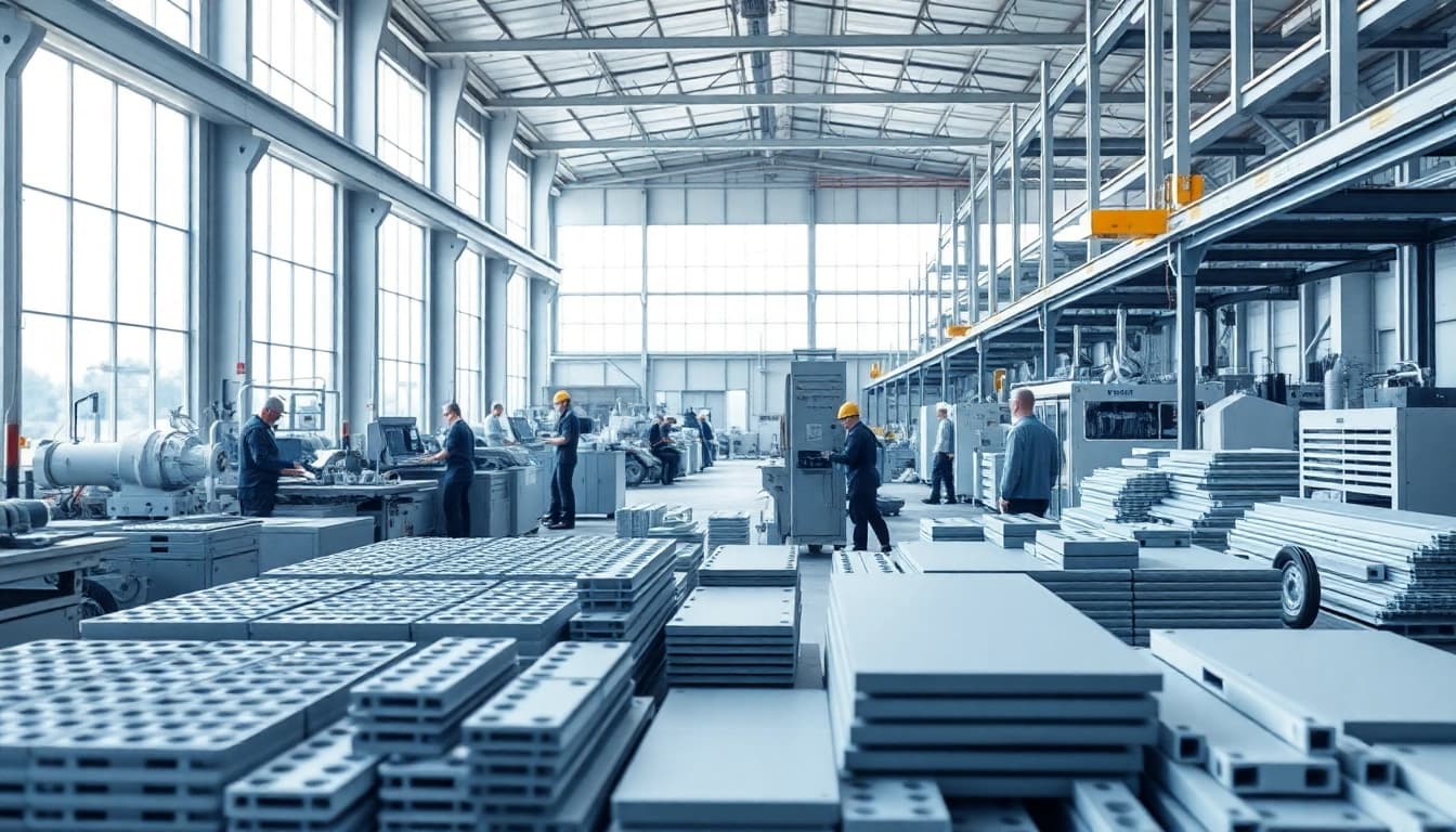 Showcasing a GRP Manufacturer facility with advanced machinery and bustling workers in action.