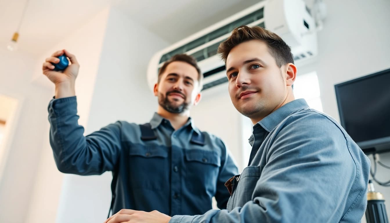 Inspecting HVAC system at https://nobleheatingairservices.com, a professional technician ensures quality service.