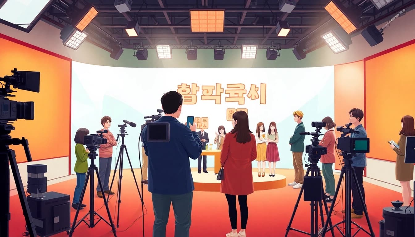 위키티비의 다양한 K-드라마 캐릭터들이 활기차게 연출된 한국 TV 스튜디오 모습