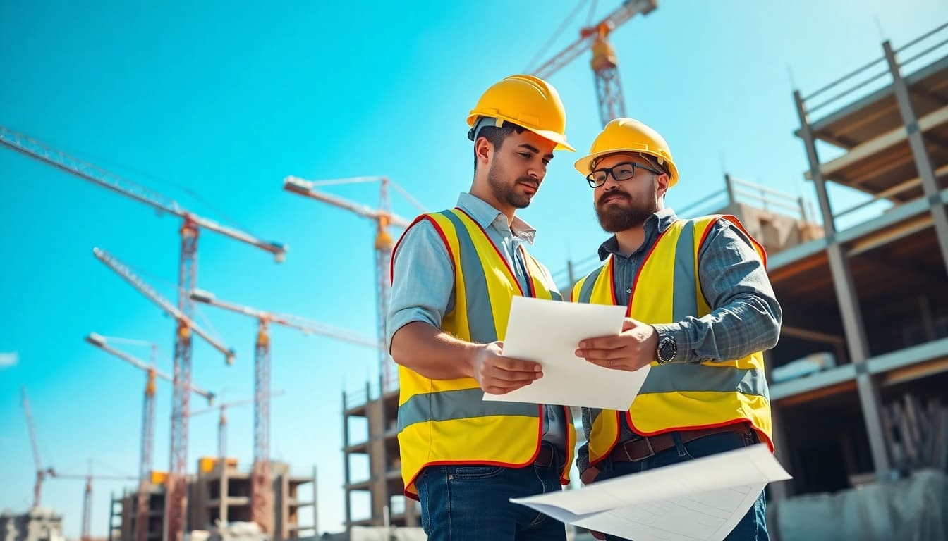 Engaged teams demonstrating careers in construction at a vibrant building site.