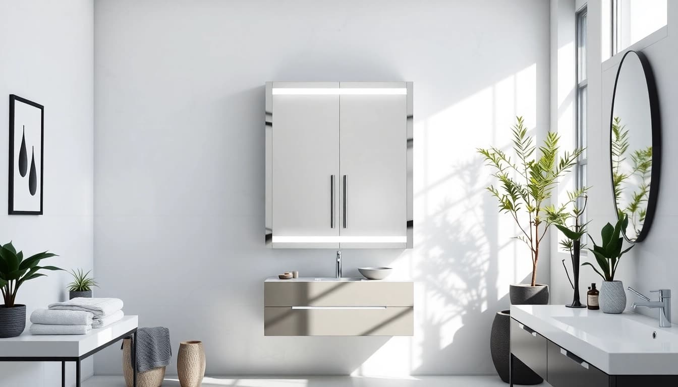 Showcasing a stylish bathroom cabinet with mirror and light in an elegant bathroom setup.