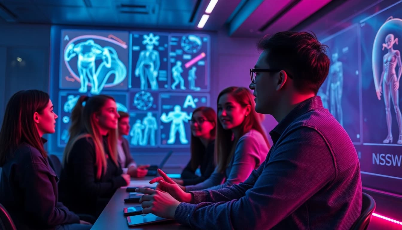 AI NSFW image generator in a high-tech workspace with interactive displays.