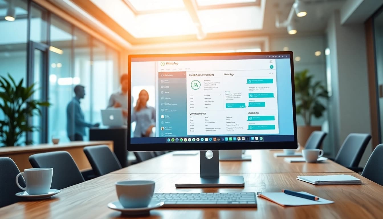 Illustration of What is a CRM for WhatsApp showcasing a team working with integrated software.