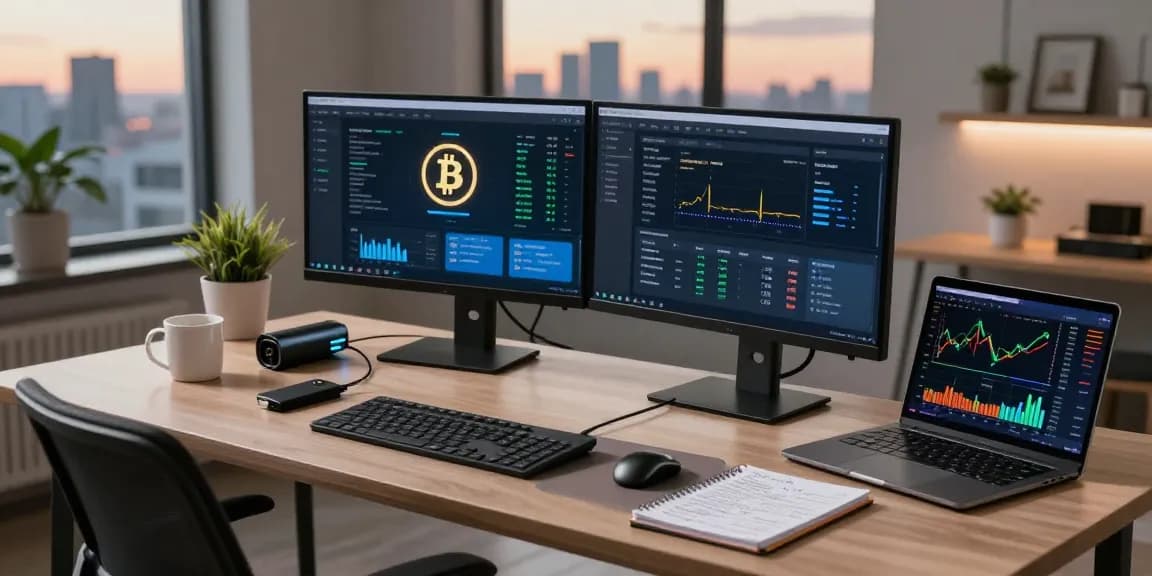 Automated bitcoin mining workspace showcasing dual monitors with cryptocurrency software and hardware wallet in a modern home office