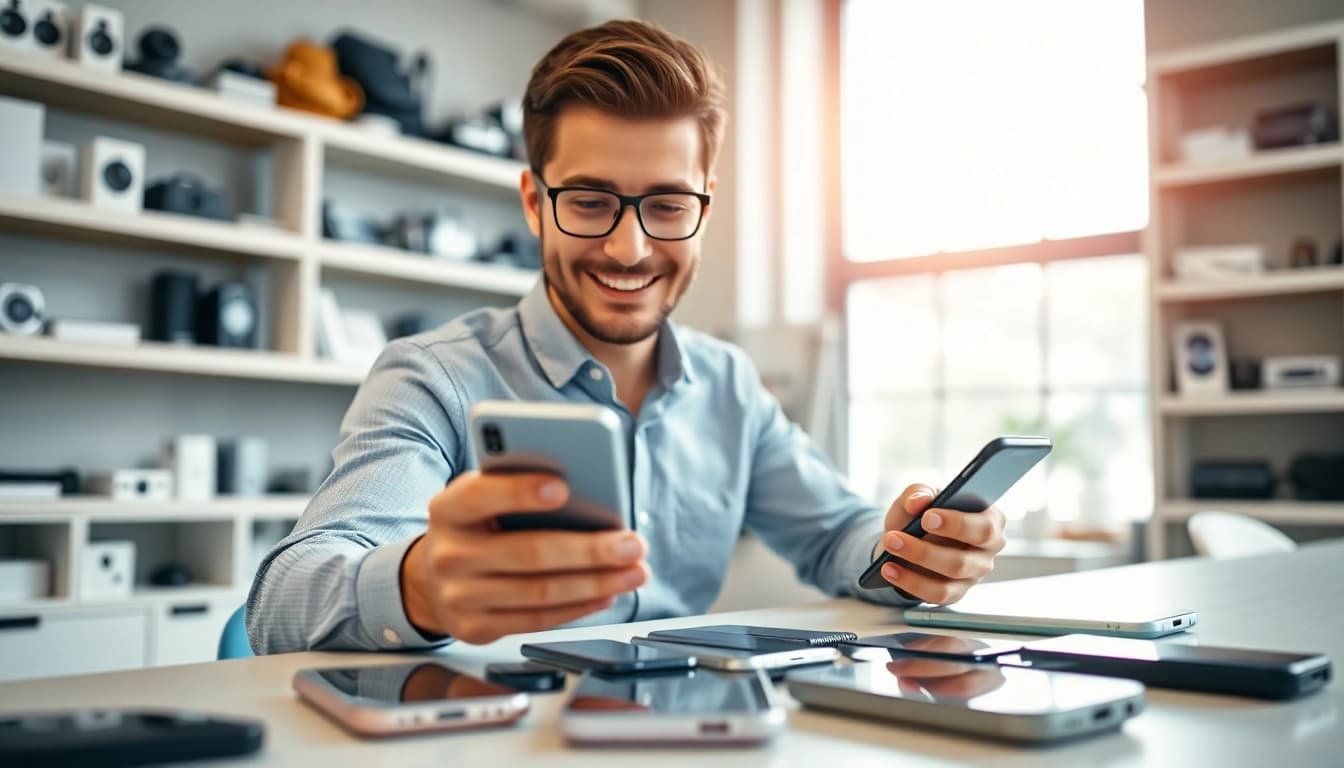 Engaging phone buyer Little Rock AR evaluating smartphones in a modern office.