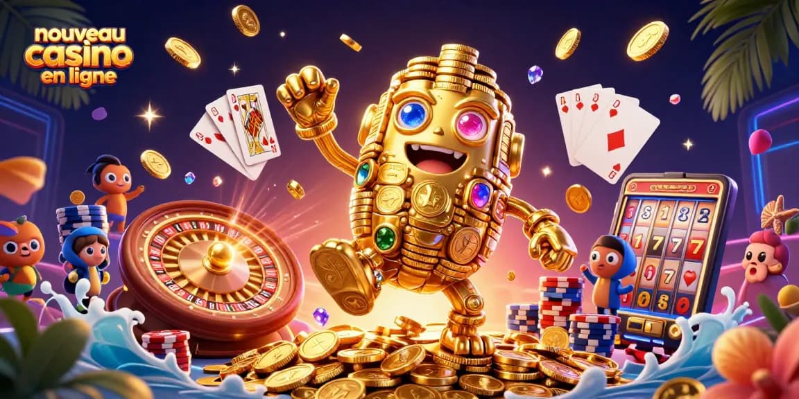 Vibrante illustration 3D d'un nouveau casino en ligne avec un golem en or et des éléments de jeu captivants.
