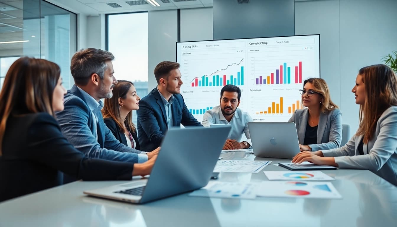 Analyze competitor pricing strategies in a professional business meeting setting.