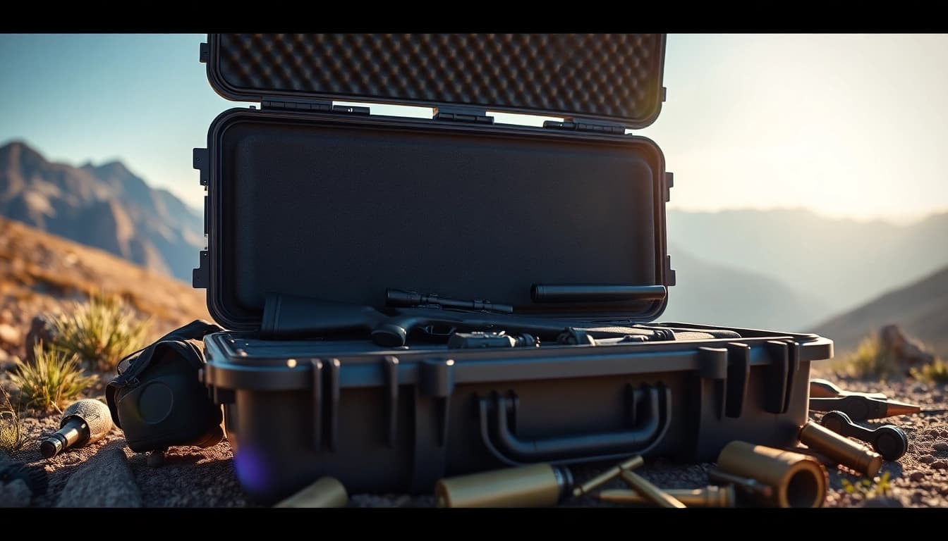 Pelican rifle case arranged outdoors, highlighting its sturdy build and features for gun storage.