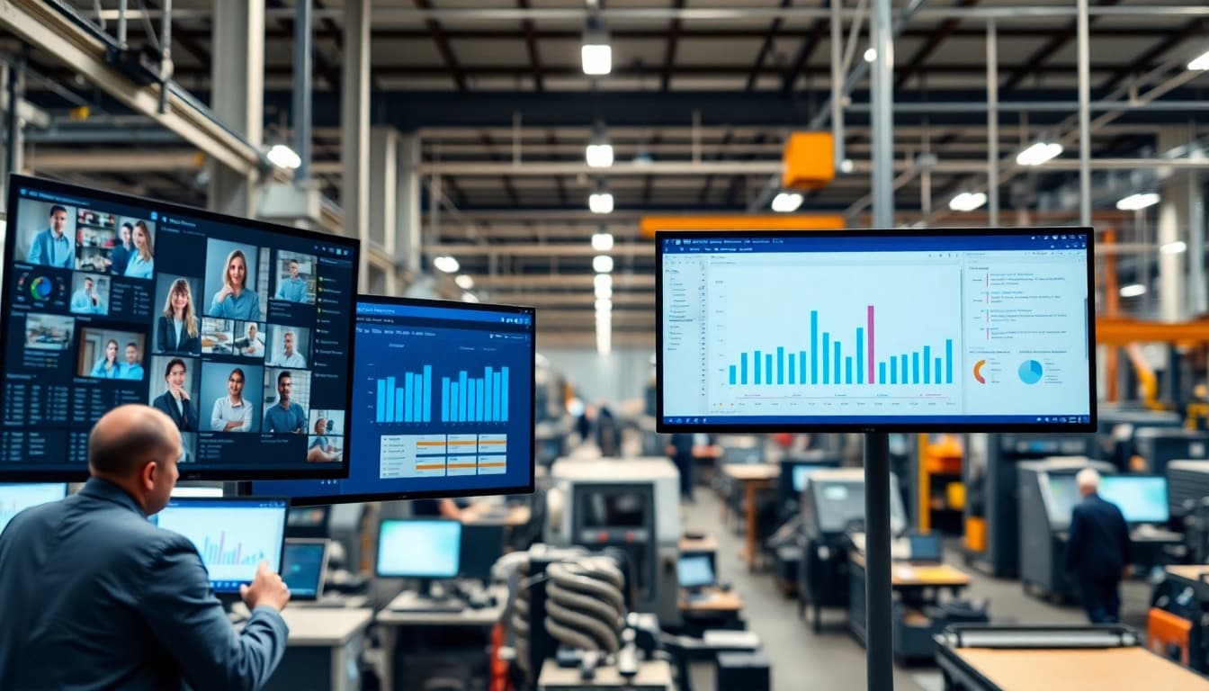 Engaged team utilizing production planning software for manufacturing in a thriving factory setting.