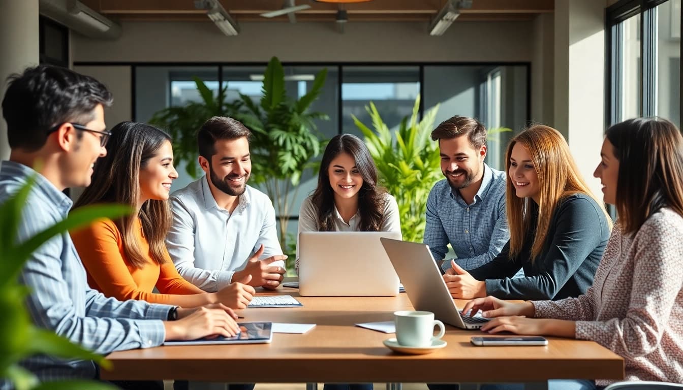 Focused collaboration at a social media agency showcasing a dynamic team in action.