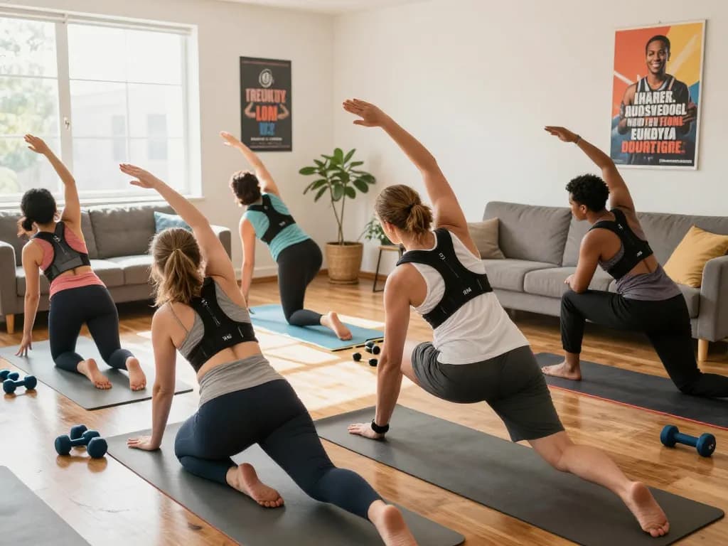 Individuals stretching and exercising with fivali back brace posture support in a bright home fitness setting.