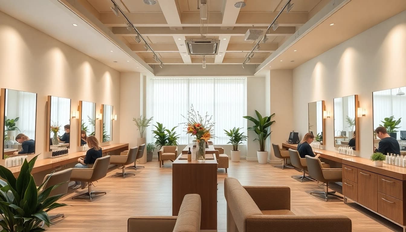 Stylish interior of addendum salon showcasing eco-friendly products and skilled hairstylists.