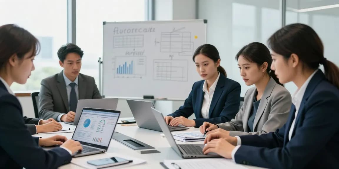 Tim audit forensik profesional di aafikotabekasi.org berdiskusi laporan keuangan di ruang kantor modern.