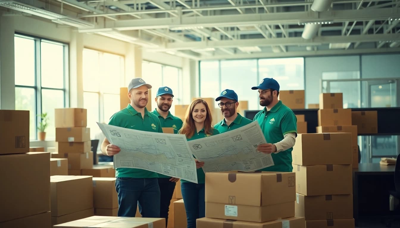 Local commercial moving companies coordinating logistics in a busy office setting.