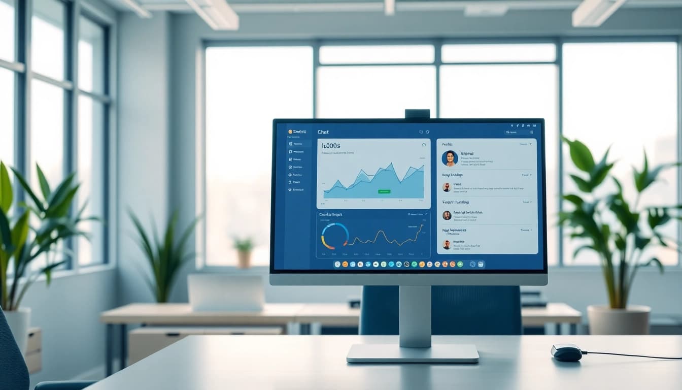 Showcase of an enterprise assistant interface in a modern office setting highlighting its features.