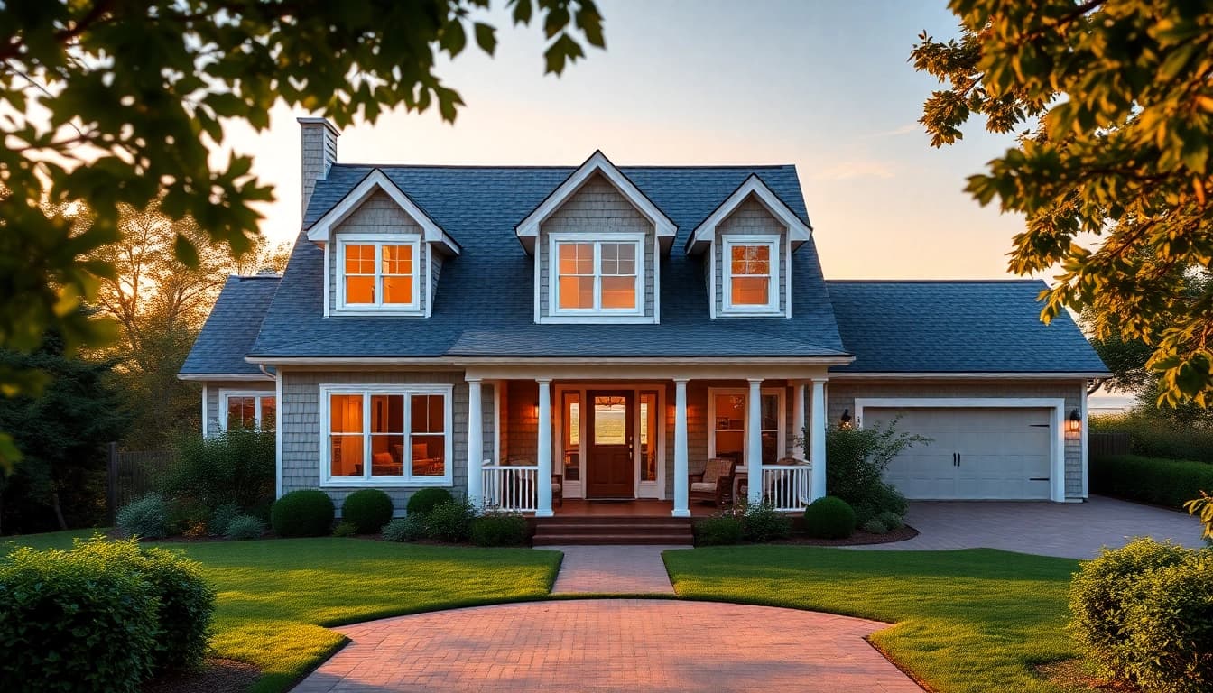 Visually stunning cape cod home showcasing an attached garage with a welcoming entryway.