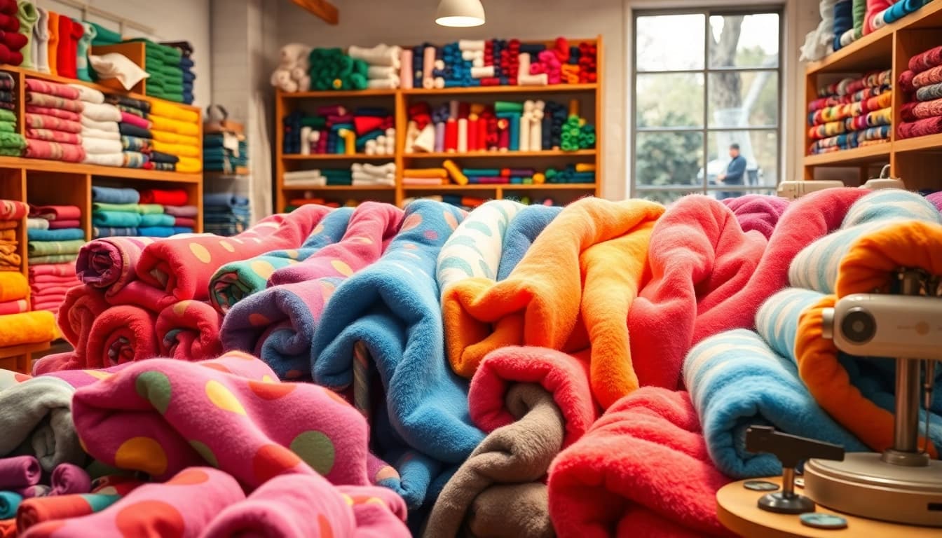 Fleece prints displayed in een trendy boetiek met kleurrijke stoffen en creatieve accessoires.