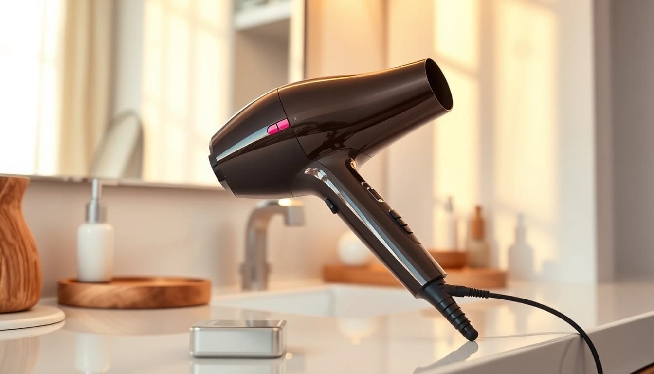 Ionic hair dryer displayed elegantly on a bathroom counter, showcasing its sleek design and modern features.