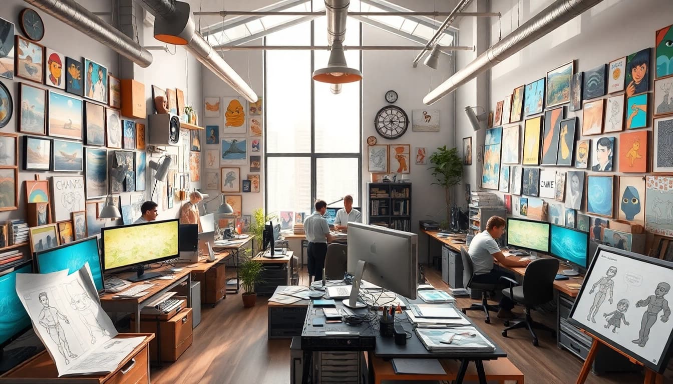 Animationsstudio mit kreativen Künstlern und modernem Equipment in einem inspirierenden Arbeitsumfeld.