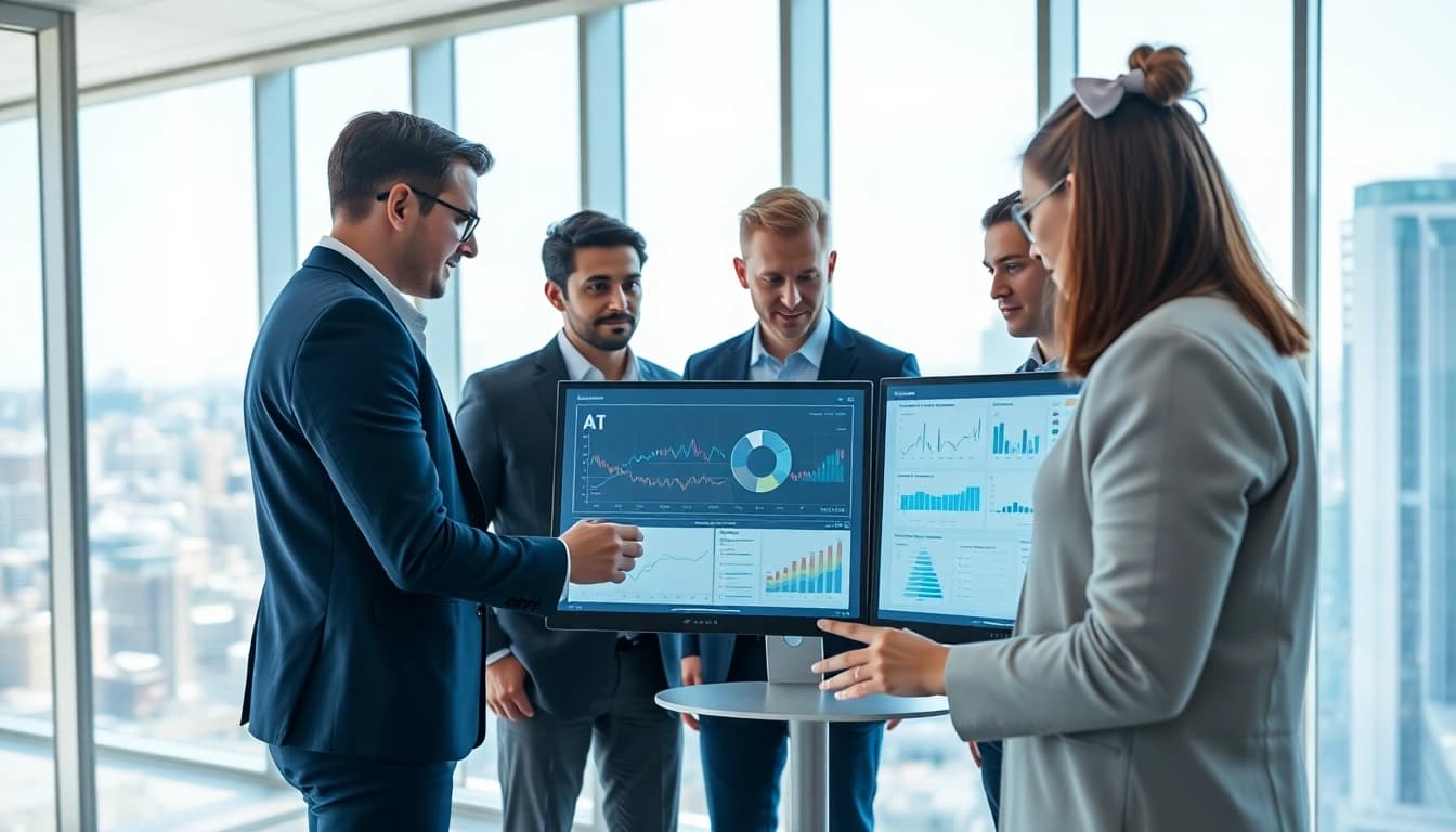 Team performing AI for competitor analysis in a modern office environment focused on insights.