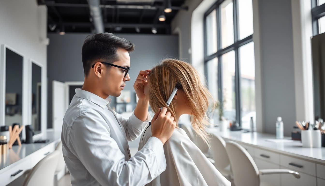 Hairstylist at salon coafura bucuresti delivering a trendy haircut in a modern setting.