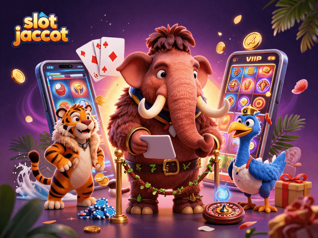 Engage with slot jackpot excitement as a woolly mammoth checks IDs at a lively casino entrance.