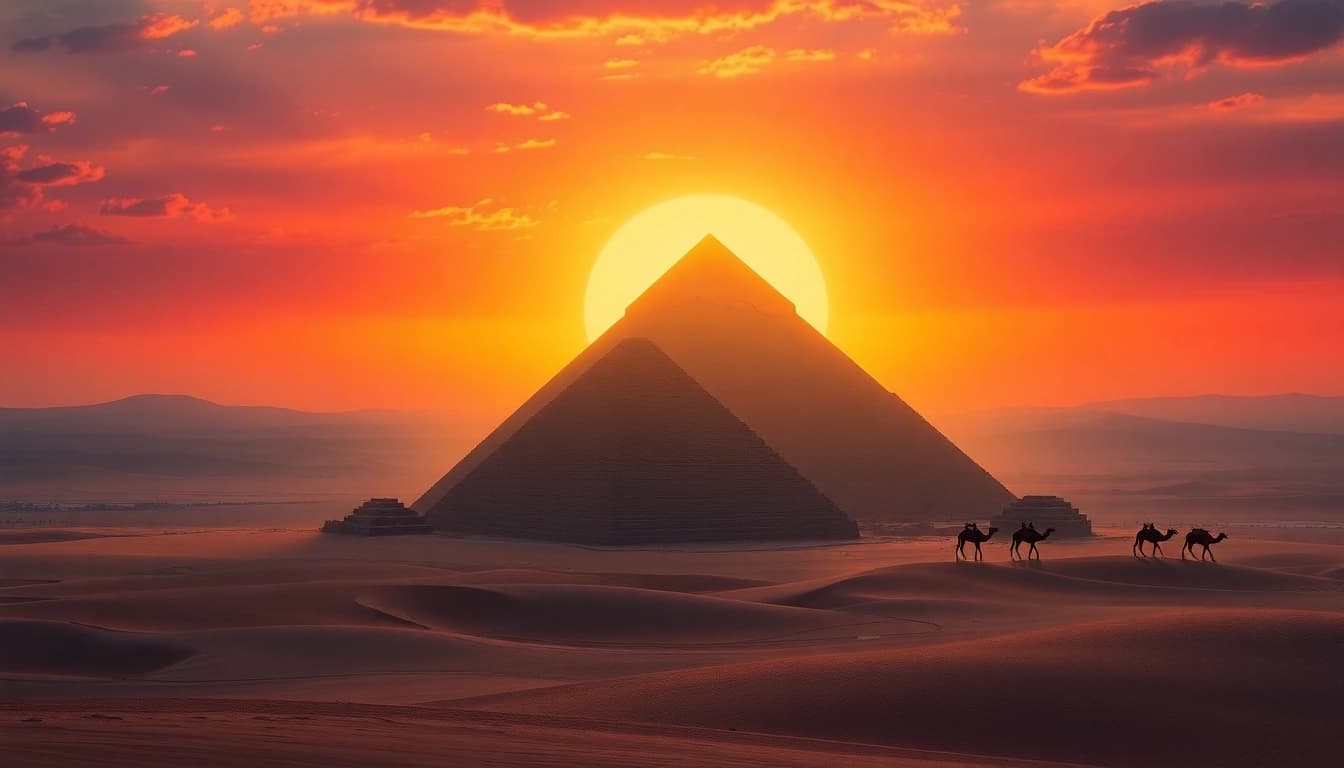 Piraminds standing majestically against a colorful sunset, showcasing ancient architectural wonder.