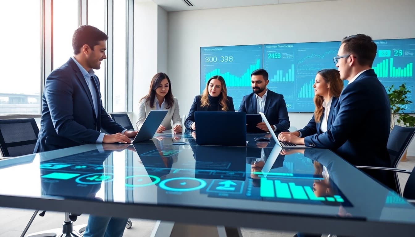 Team utilizing AI for competitive intelligence in a modern office setting