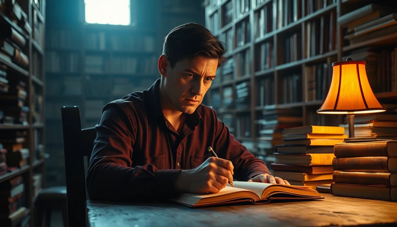 Engaging scene of a thriller author writing in a dramatic library setting, evoking suspense and creativity.