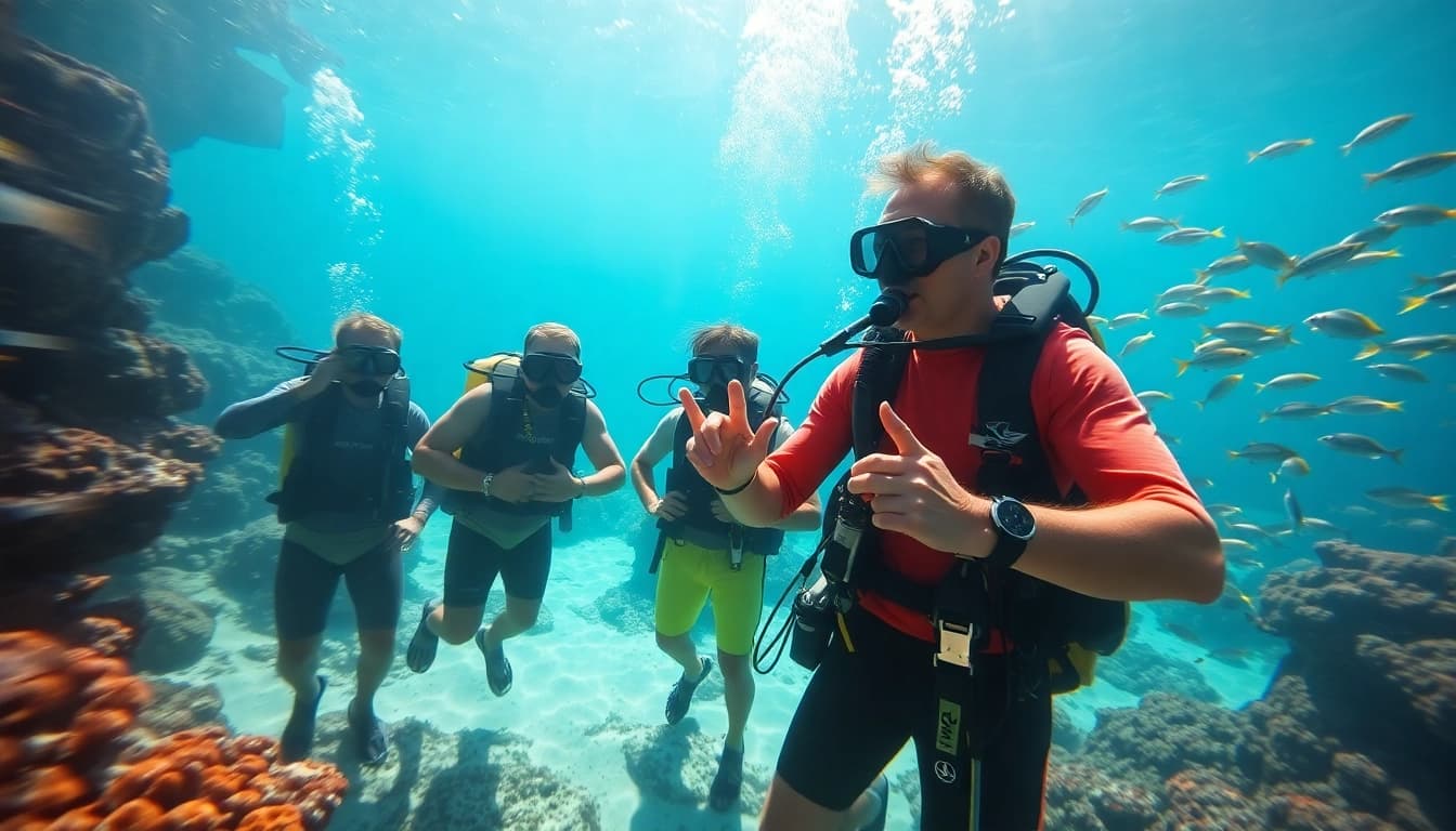 Tauchschule mit professionellem Tauchlehrer, der Schüler unter Wasser anleitet.