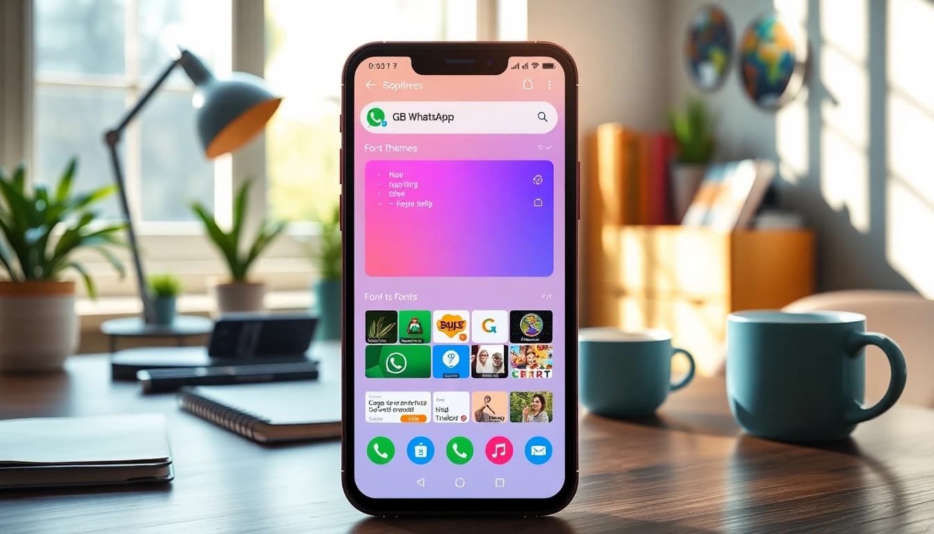 Explore GB WhatsApp APK features on a smartphone in a cozy office setting.